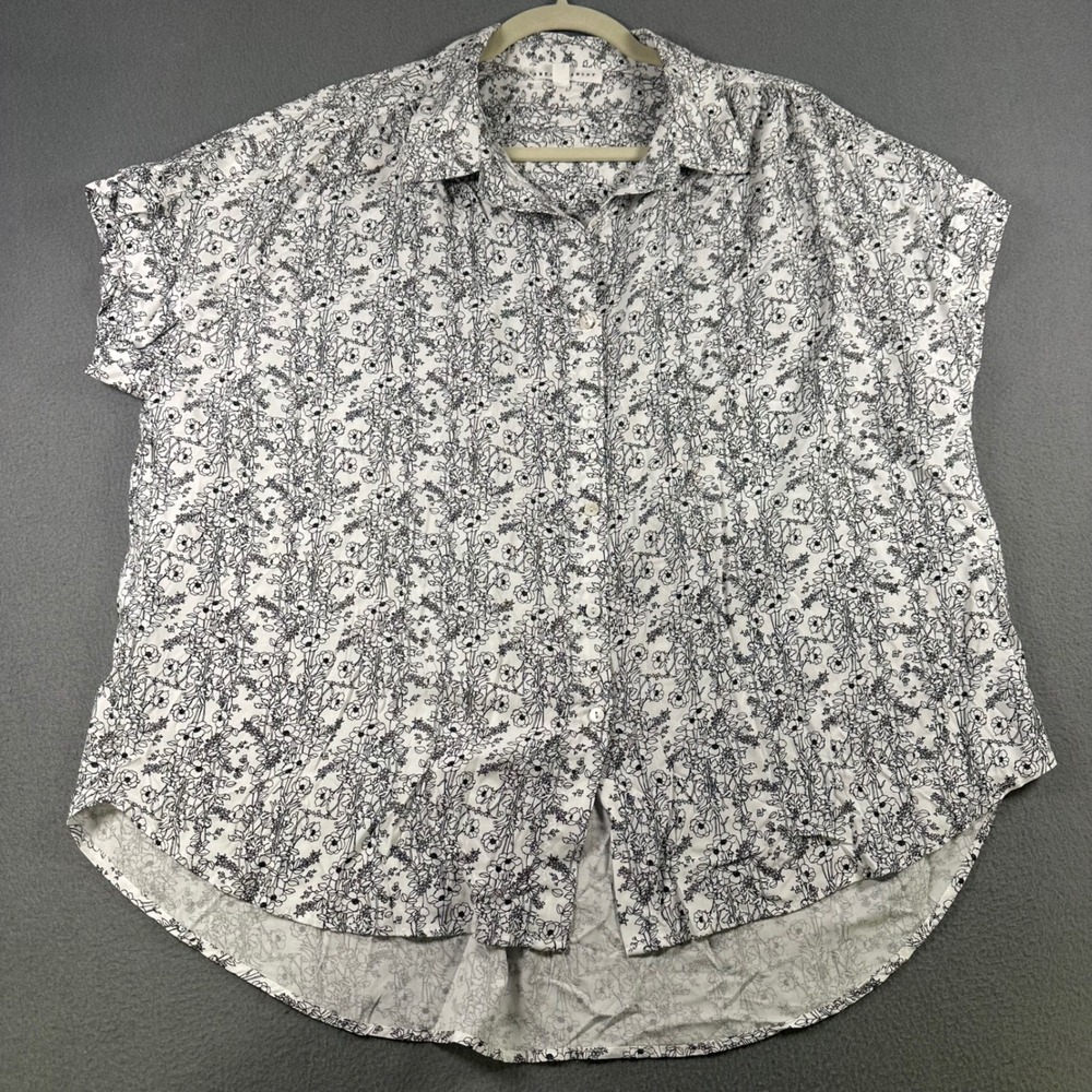 Jane + Delancey White Black Floral Rayon Button Down Shirt Womens Large High Low